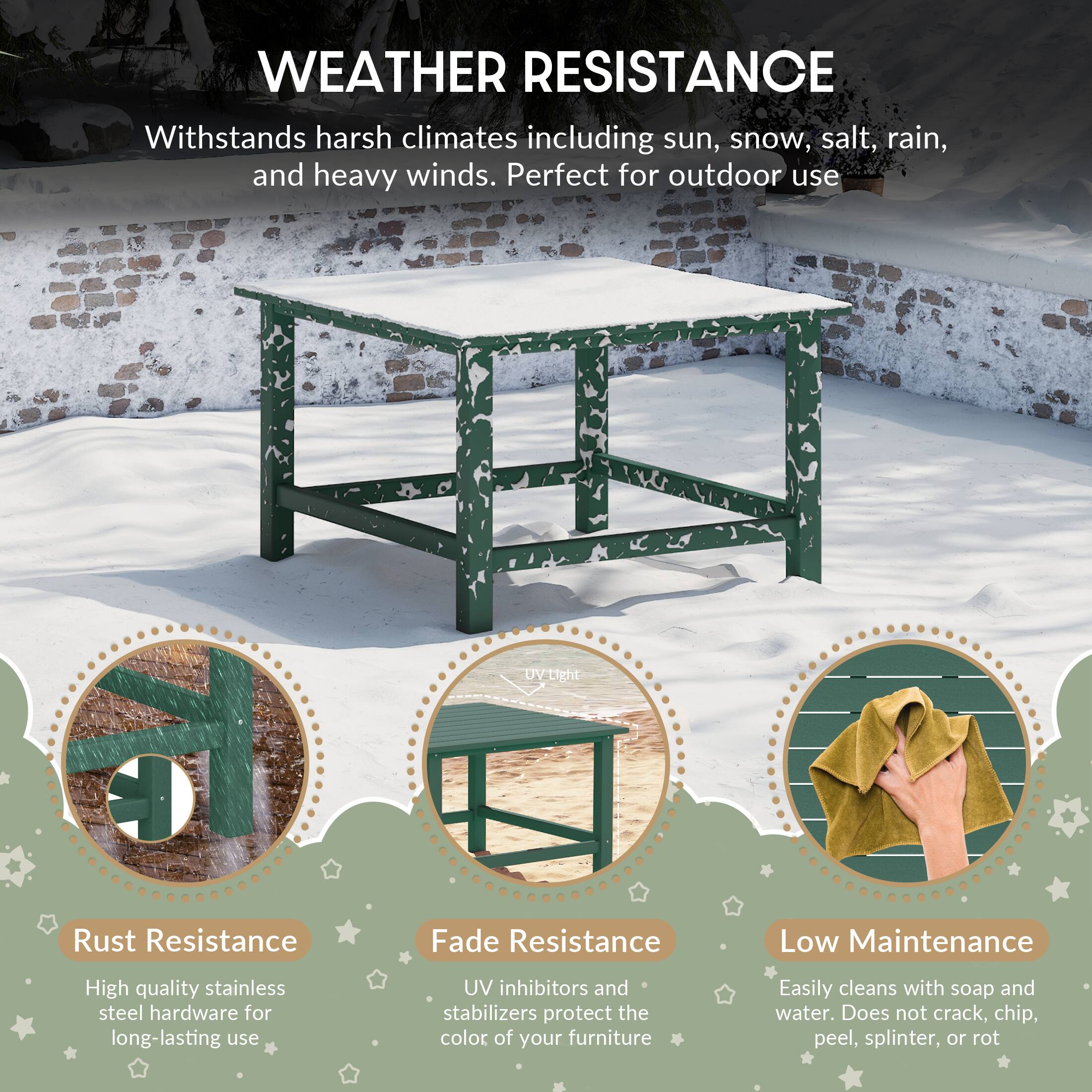 WEATHER RESISTANCE

Withstands harsh climates including sun, snow, salt, rain, and heavy winds. Perfect for outdoor use

Rust Resistance
High quality stainless steel hardware for long-lasting use

Fade Resistance
UV inhibitors and stabilizers protect the color of your furniture

Low Maintenance
Easily cleans with soap and water. Does not crack, chip, peel, splinter, or rot