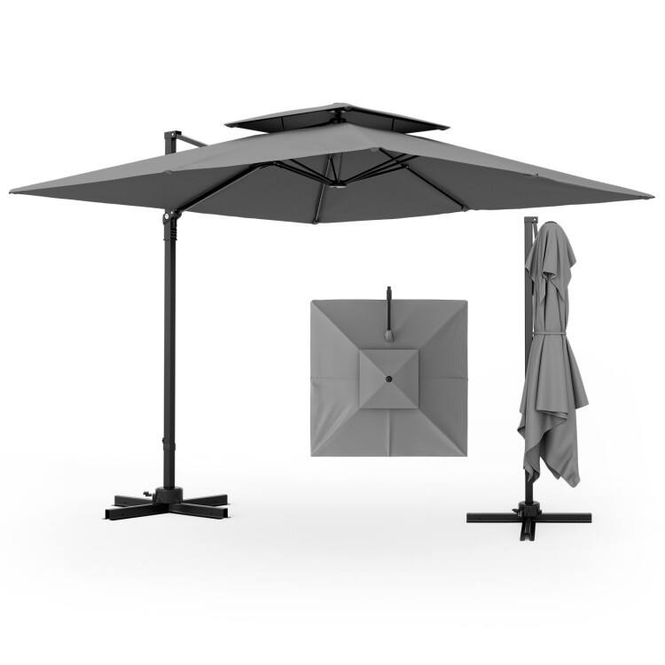 Mondawe - 9.5 Feet Cantilever Patio Umbrella with 360° Rotation and Double Top - Gray