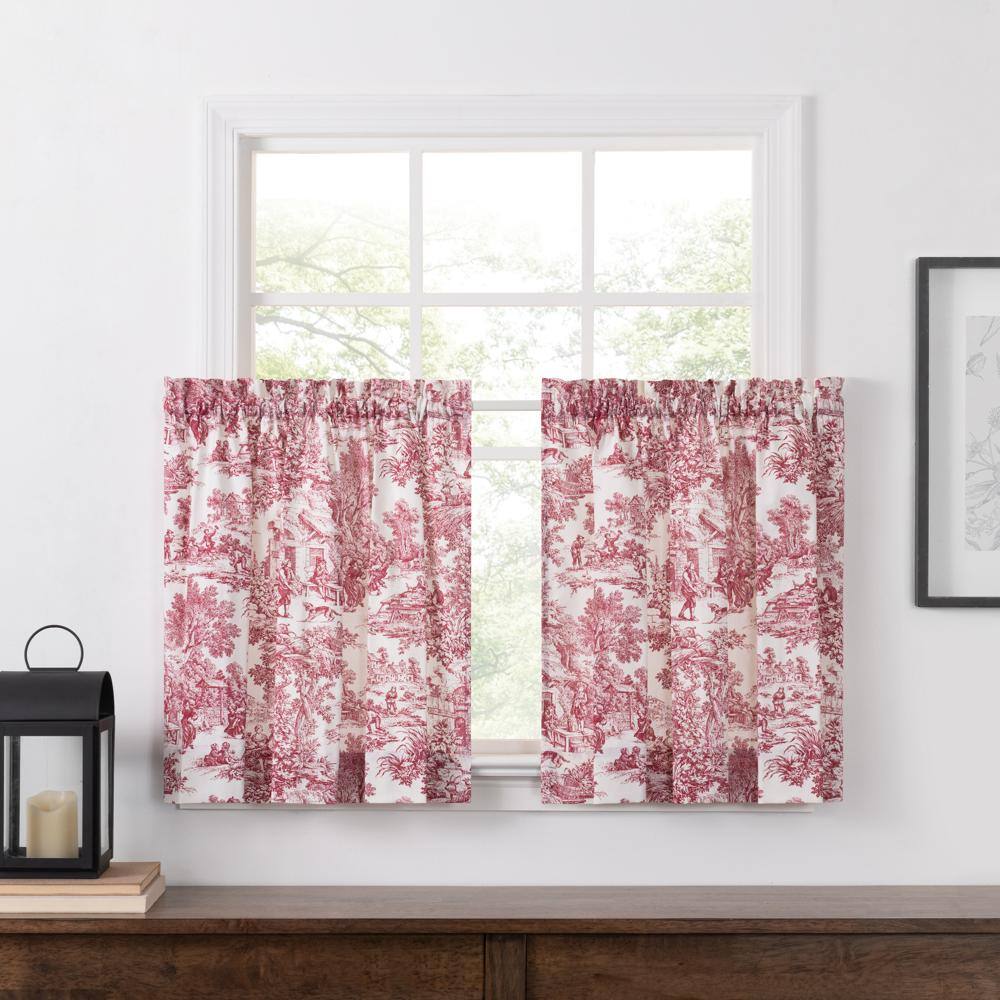 Front. Ellis Curtain - Ellis Curtain Victoria Park Toile Room Darkening Window Rod Pocket Pair Set With 2 Tiers - 2-Piece - 68x63" Red - Red.