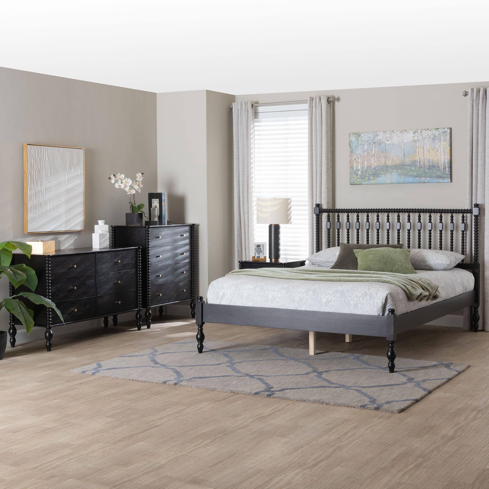Alt View 8. Baxton Studio - Denita Spindle 4-Piece Bedroom Set - Farmhouse Platform Bed with Matching Dresser, Chest, and 1-Drawer Nightstand, Full - Black.
