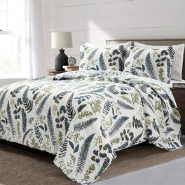 Hivvago - Full/Queen Reversible Cotton Lightweight Floral Fern 3 Piece Quilt Set - White, Blue, Green