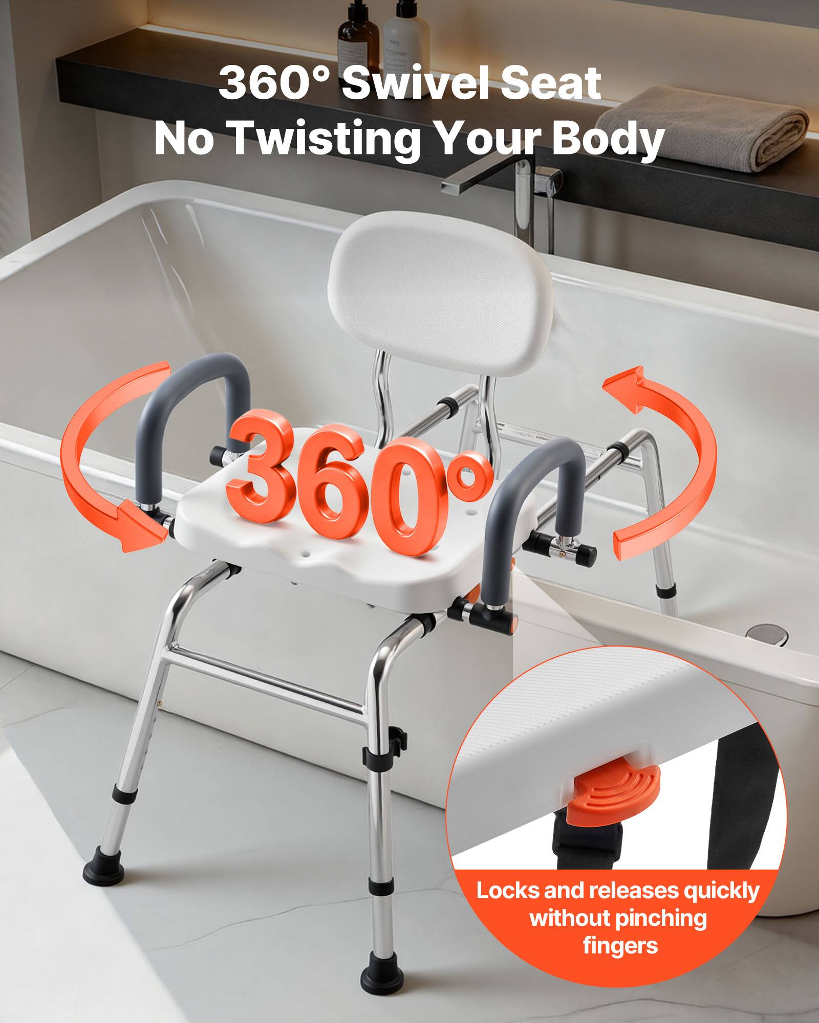 360° Swivel Seat  
No Twisting Your Body  

360°  

Locks and releases quickly without pinching fingers