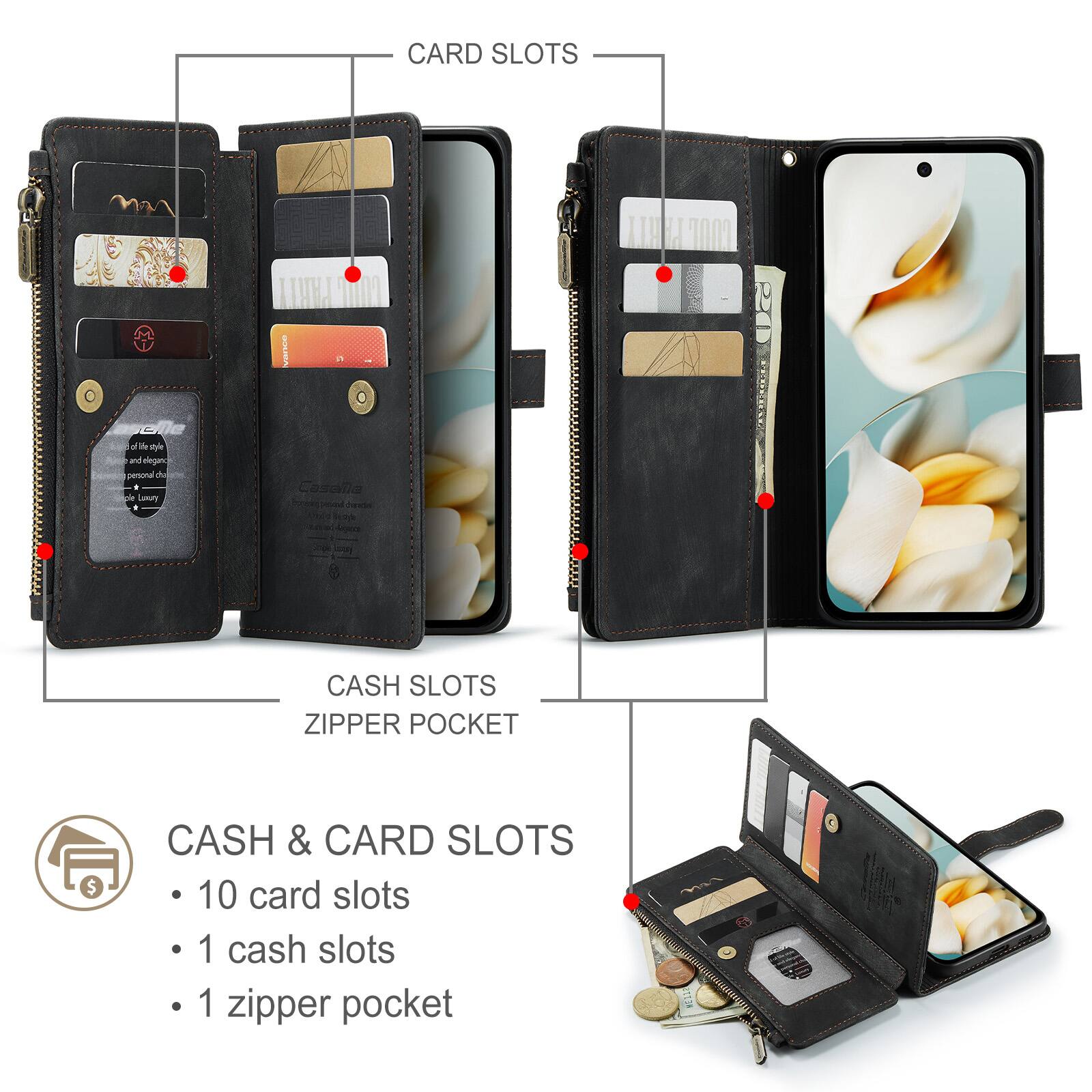 CARD SLOTS

Vance
of the style and elegant personal che * de Lumary

Casame

CASH SLOTS ZIPPER POCKET

CASH & CARD SLOTS
- 10 card slots
- 1 cash slots
- 1 zipper pocket