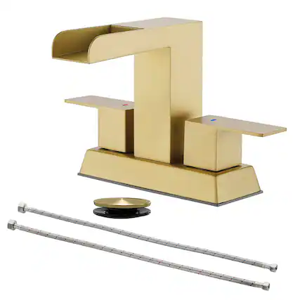 Front. Boyel Living - Brushed Gold 4 Inch Centerset Faucet SUS304 Waterfall Spout 1.2GPM Dual Handle Pop Up Drain - Brushed Gold.