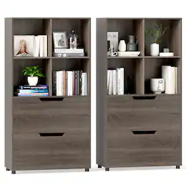Costway - 2 PCS 4-Cube Bookcase with 2 Drawers, Tall Freestanding Bookshelf for Living Room - Gray