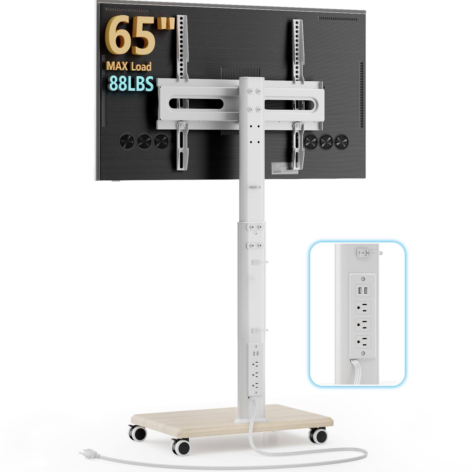 Hanke - Universal Floor Tv Stand Portable Rolling Mount With Wheels 80 Degree Swivel Height Adjustable For 27 To Lc - Grain Mobile TV Stand with Power Outlet