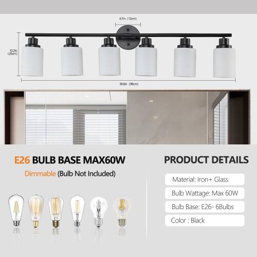 47" (moST) 10.2" (26cm) 38.6" (98cm) E26 BULB BASE MAX60W Dimmable (Bulb Not Included) PRODUCT DETAILS Material: Iron+ Glass X Bulb Wattage: Max 60W Bulb Base: E26- 6Bulbs Color: Black