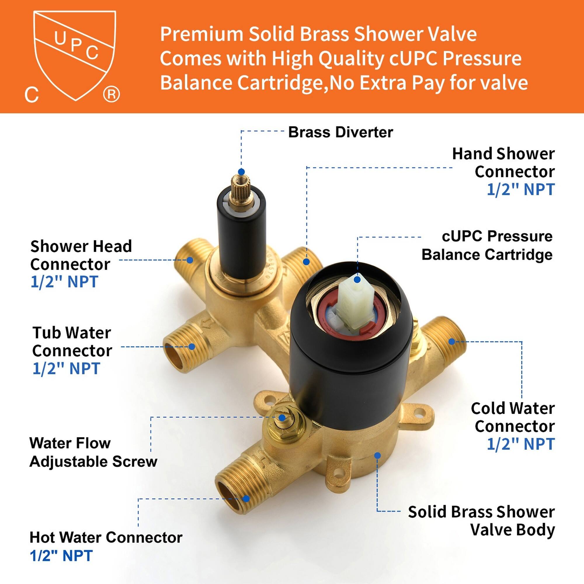 UPC C R Premium Solid Brass Shower Valve Comes with High Quality cUPC Pressure Balance Cartridge, No Extra Pay for valve Brass Diverter Hand Shower Connector 1/2" NPT Shower Head Connector 1/2" NPT cUPC Pressure Balance Cartridge Tub Water Connector 1/2" NPT Water Flow Adjustable Screw Cold Water Connector 1/2" NPT Hot Water Connector 1/2" NPT Solid Brass Shower Valve Body