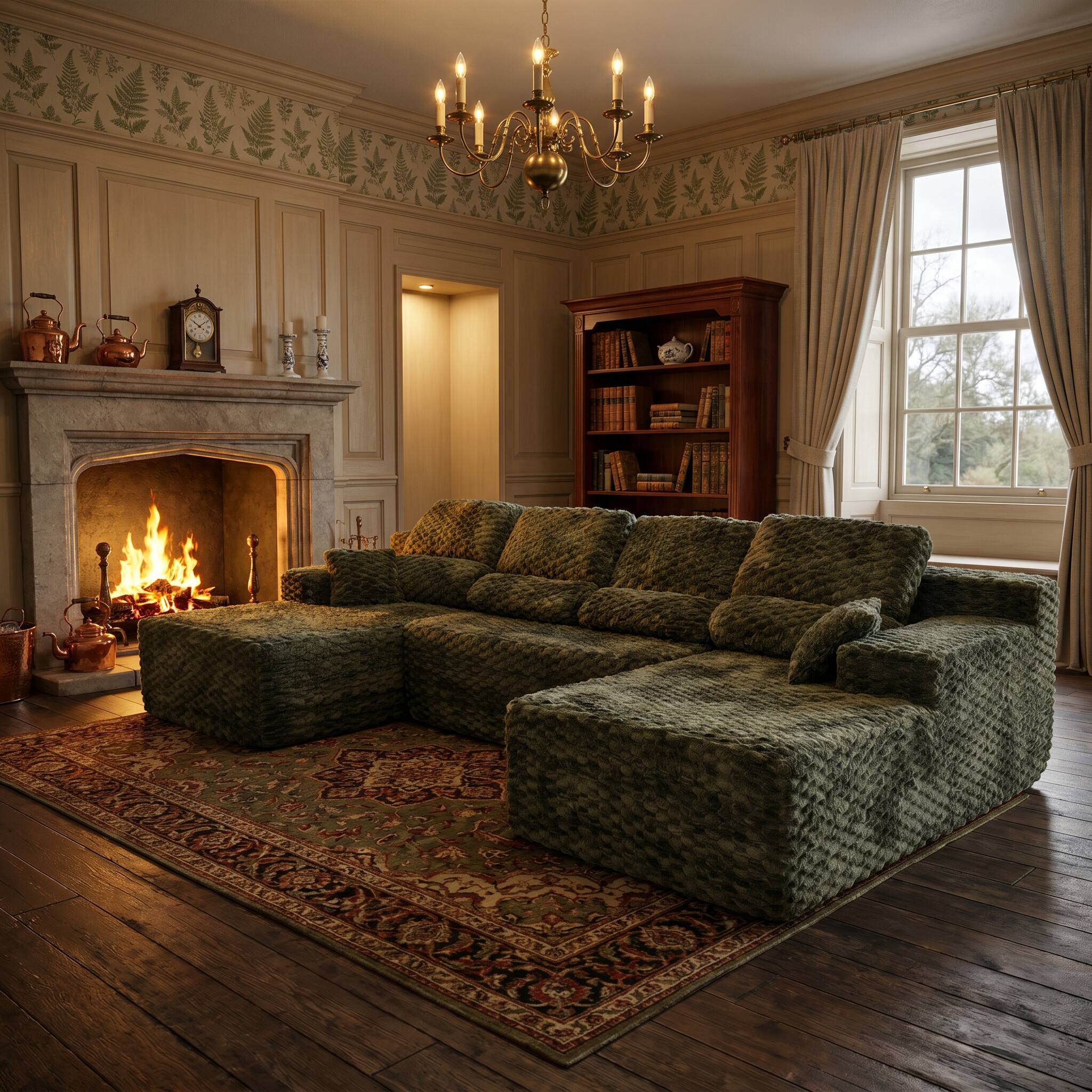 Back. Famapy - 135" Width Compressed Sectional Sofa No Assembly High-Density Foam, Pet-Friendly 3-Color Choice for Living Room - Dark Green.