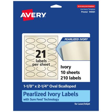 Go to avery.com/templates
Use Avery Template Presta® 94061
PEARLIZED IVORY
21 labels per sheet
Ivory 10 sheets 210 labels
1-1/8" x 2-1/4" Oval Scalloped Pearlized Ivory Labels with Sure Feed® Technology for Laser/Inkjet