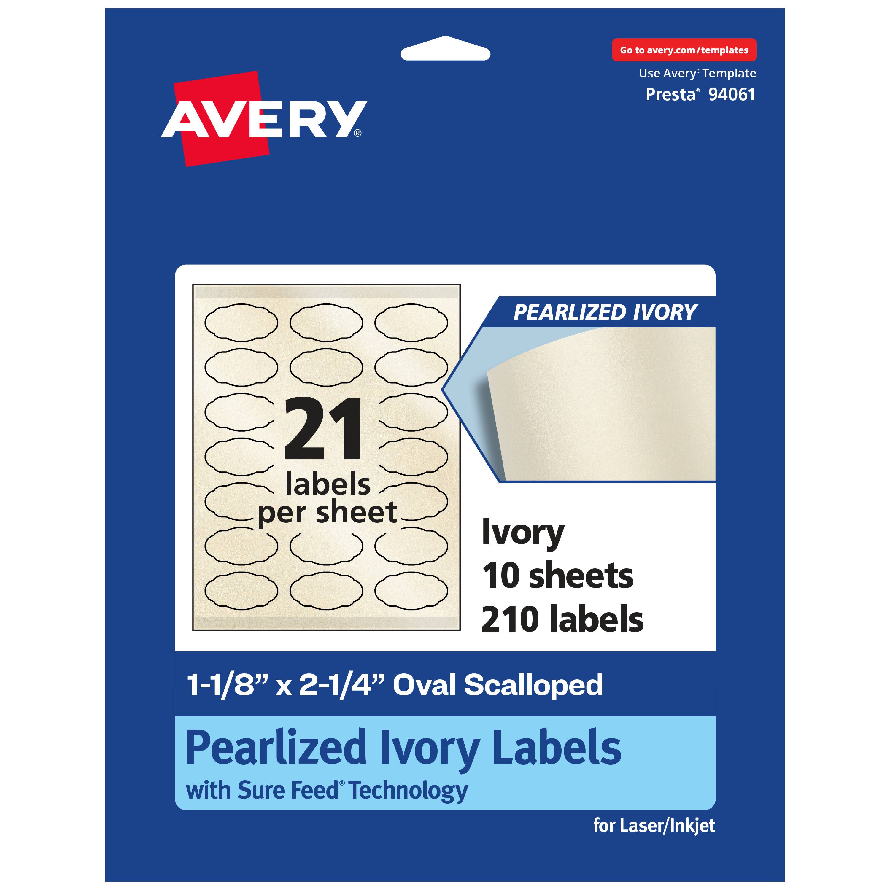 Go to avery.com/templates  
Use Avery Template Presta® 94061  

PEARLIZED IVORY  
21 labels per sheet  
Ivory 10 sheets 210 labels  

1-1/8" x 2-1/4" Oval Scalloped Pearlized Ivory Labels with Sure Feed® Technology for Laser/Inkjet