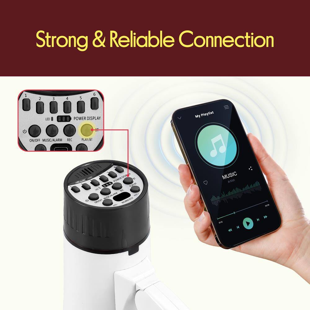 Strong & Reliable Connection

1 2 3 4 5 6

LED POWER DISPLAY

My Playlist

ON/OFF MUSIC/ALARM REC PLAY/BT

POWER DISPLAY

001 WL nothing_to_t

DAUGH NOMASCS

MUSIC Artist

44 N M
