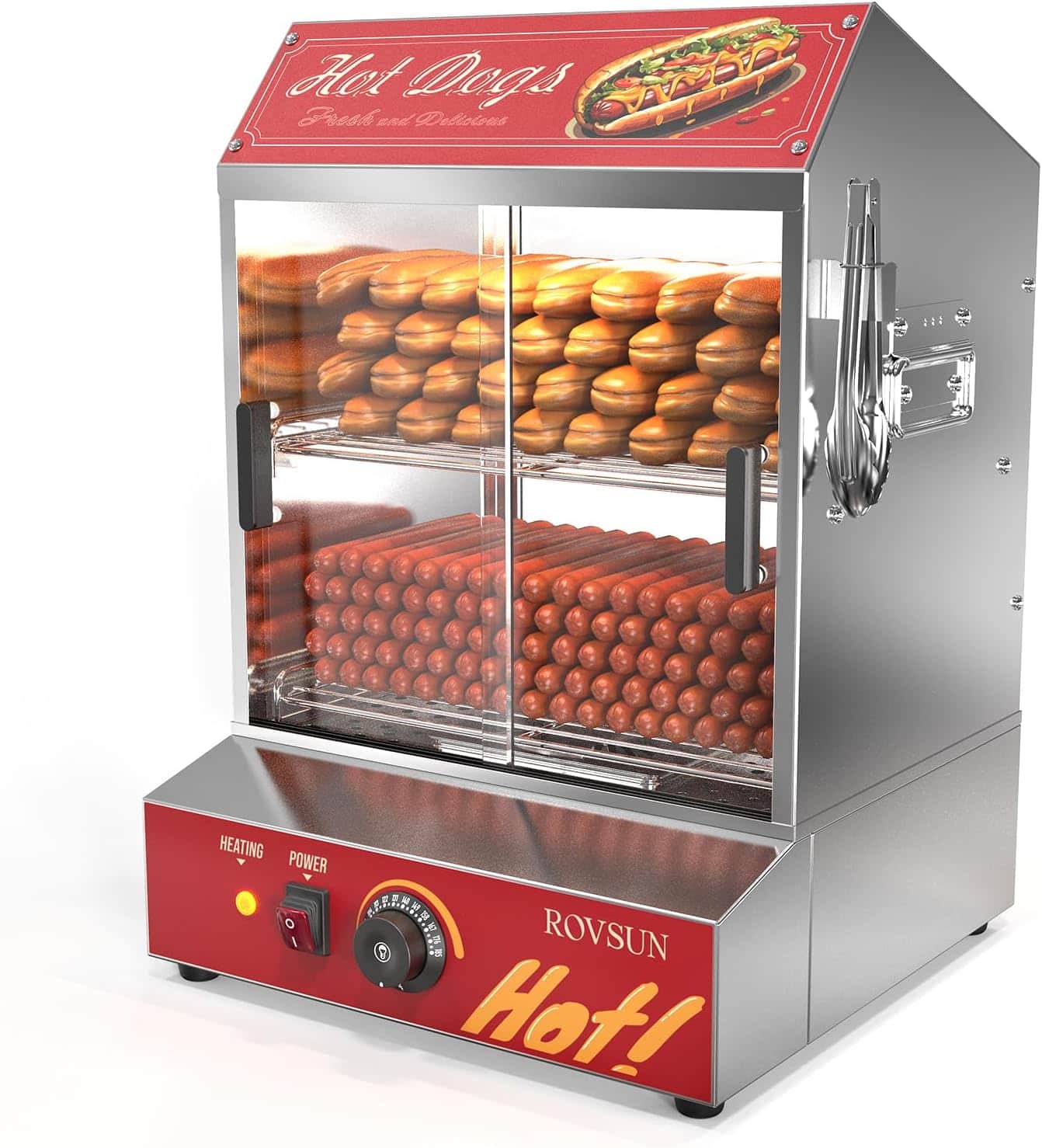 Winado - 42.3QT/40L Hot Dog Steamer, 2-Tier Hot Dog Hut Steamer with 235 Hot Dogs & 50 Buns Capacity, Electric Bun Warmer, Clip - Silver and Red