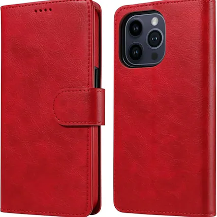Front. RadEnergy - EMF Blocking Genuine Leather Wallet Phone Case with Card Holder for iPhone, Anti Radiation, iPhone 16 Pro Max - Red.