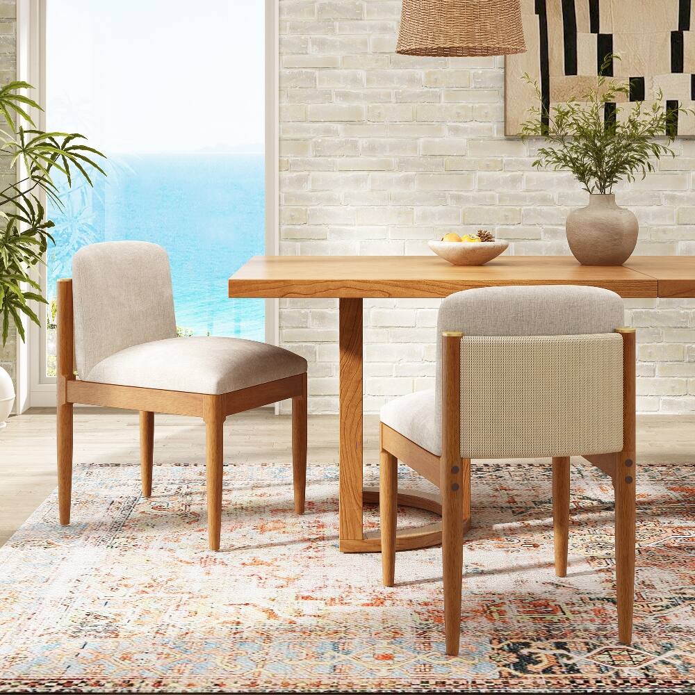 Angle. Loheer - Loheer Modern Dining Chairs Set of 2 Walnut Solid Wood Legs Woven Rope Backrest Kitchen Chairs Beige Upholstered - Walnut.