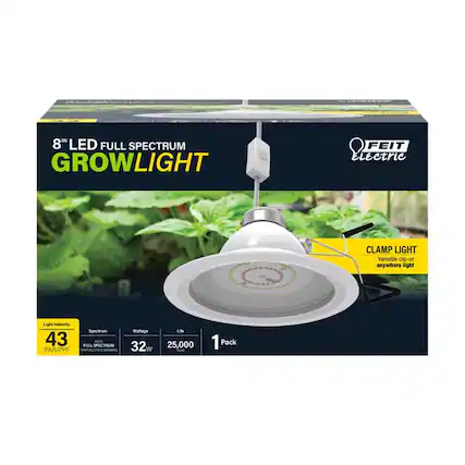 8" LED FULL SPECTRUM GROWLIGHT
FEIT Electric
CLAMP LIGHT
Versatile clip-on anywhere light
Light Intensity: 43 PAR/PPF
Spectrum: FULL SPECTRUM
Wattage: 32W
Life: 25,000 hours
1 Pack