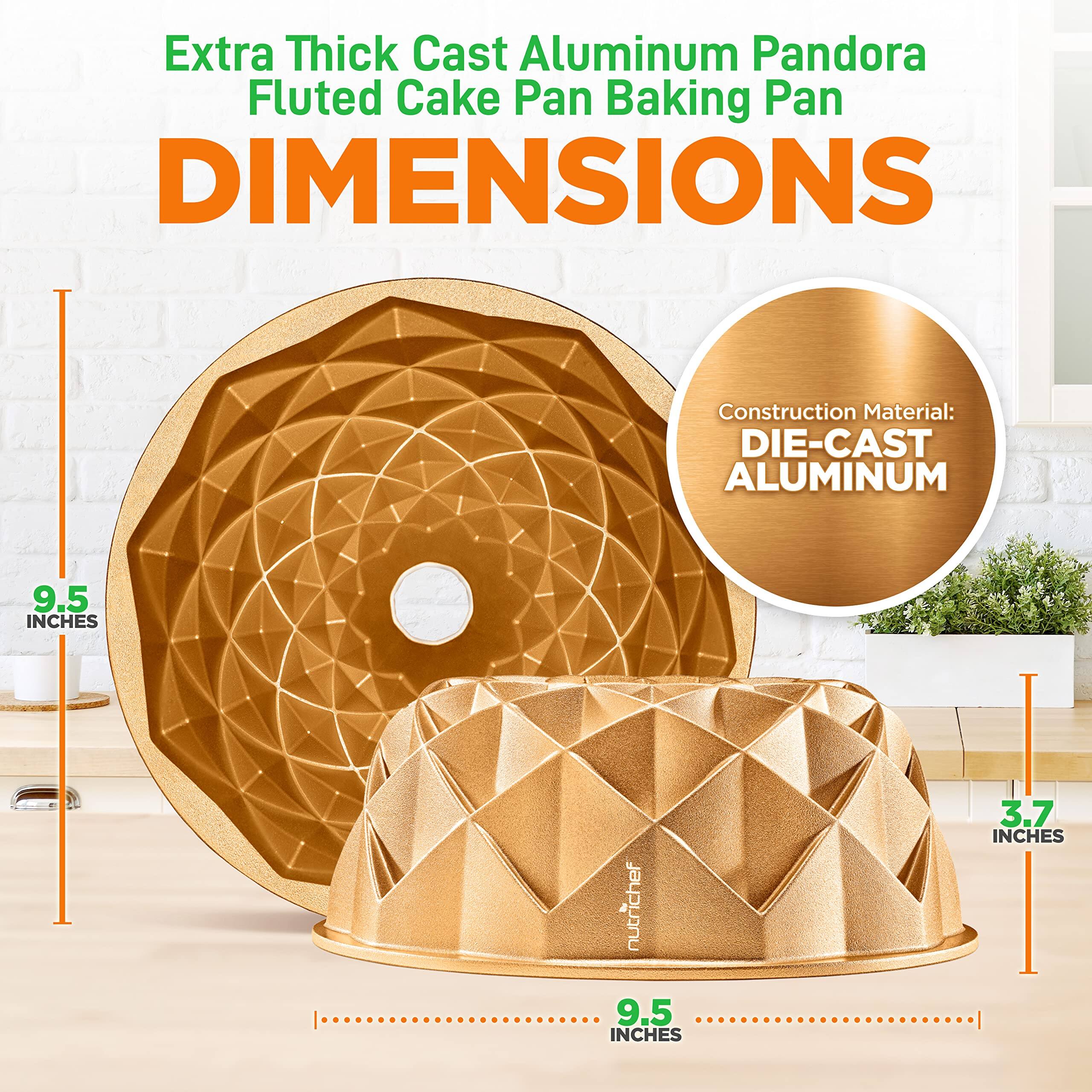 Extra Thick Cast Aluminum Pandora Fluted Cake Pan Baking Pan

DIMENSIONS

Construction Material: DIE-CAST ALUMINUM

9.5 INCHES  
9.5 INCHES  
3.7 INCHES