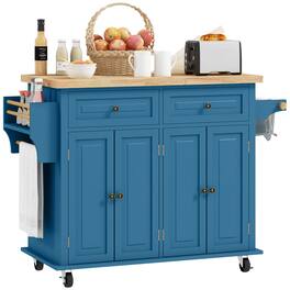 Homcom - Island on Wheels, Rolling Cart with Rubberwood Top, Spice Rack - Turquoise