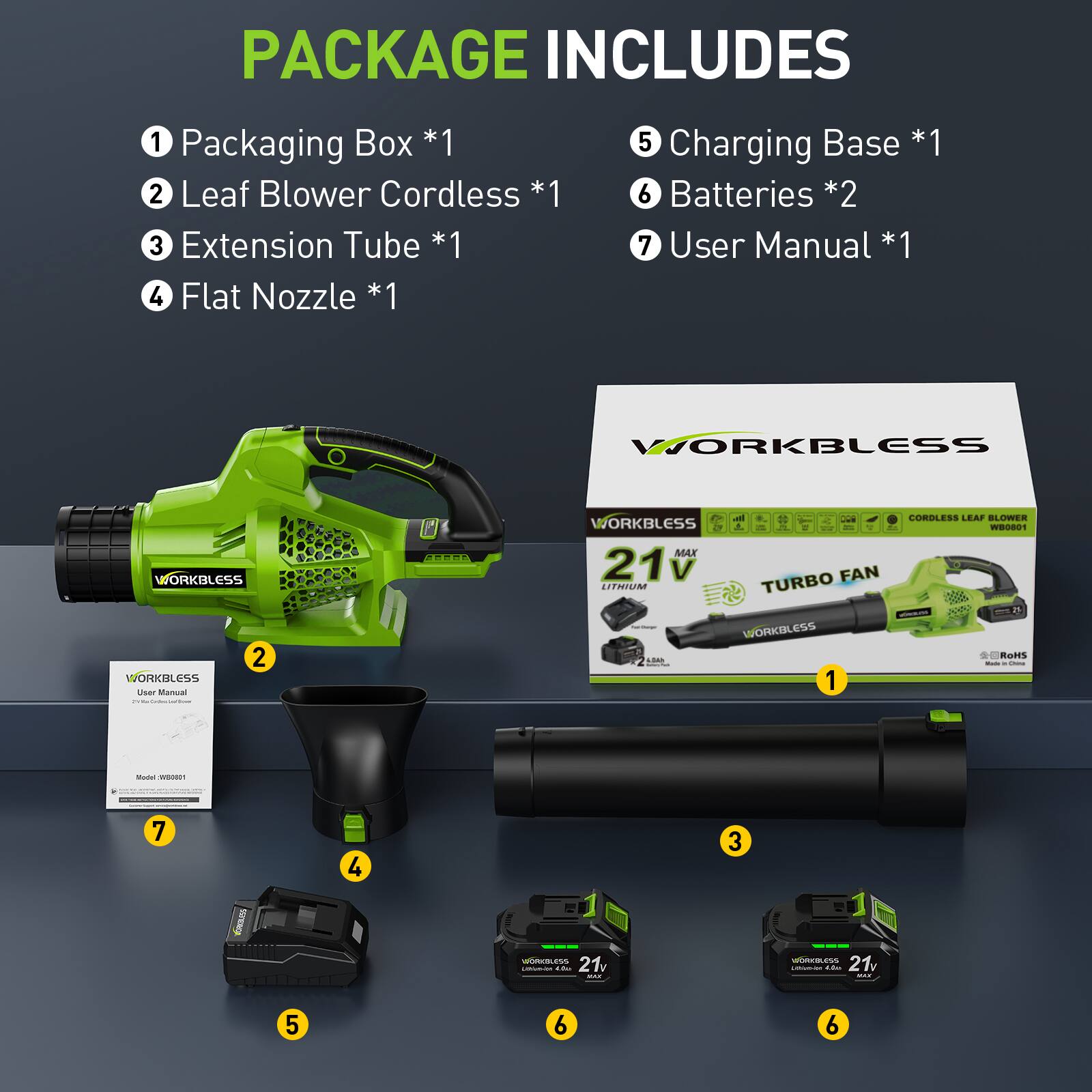 PACKAGE INCLUDES

1. Packaging Box *1
2. Leaf Blower Cordless *1
3. Extension Tube *1
4. Flat Nozzle *1
5. Charging Base *1
6. Batteries *2
7. User Manual *1

WORKBLESS 21V MAX TURBO FAN CORDLESS LEAF BLOWER

WORKBLESS User Manual