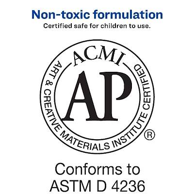 Non-toxic formulation  
Certified safe for children to use.  

ACMI AP  
Art & Creative Materials Institute  
Certified  

Conforms to ASTM D 4236
