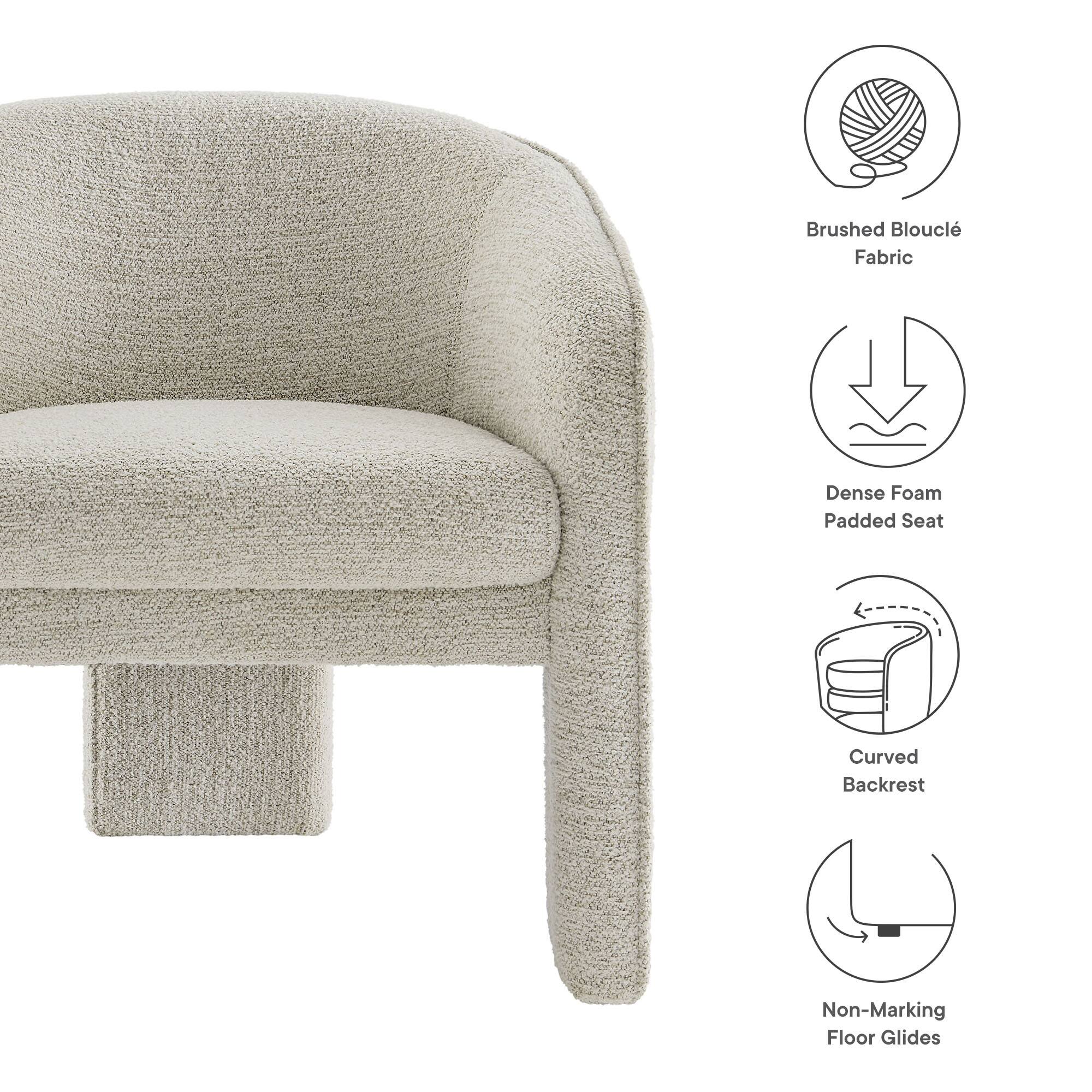 - Brushed Bouclé Fabric
- Dense Foam Padded Seat
- Curved Backrest
- Non-Marking Floor Glides