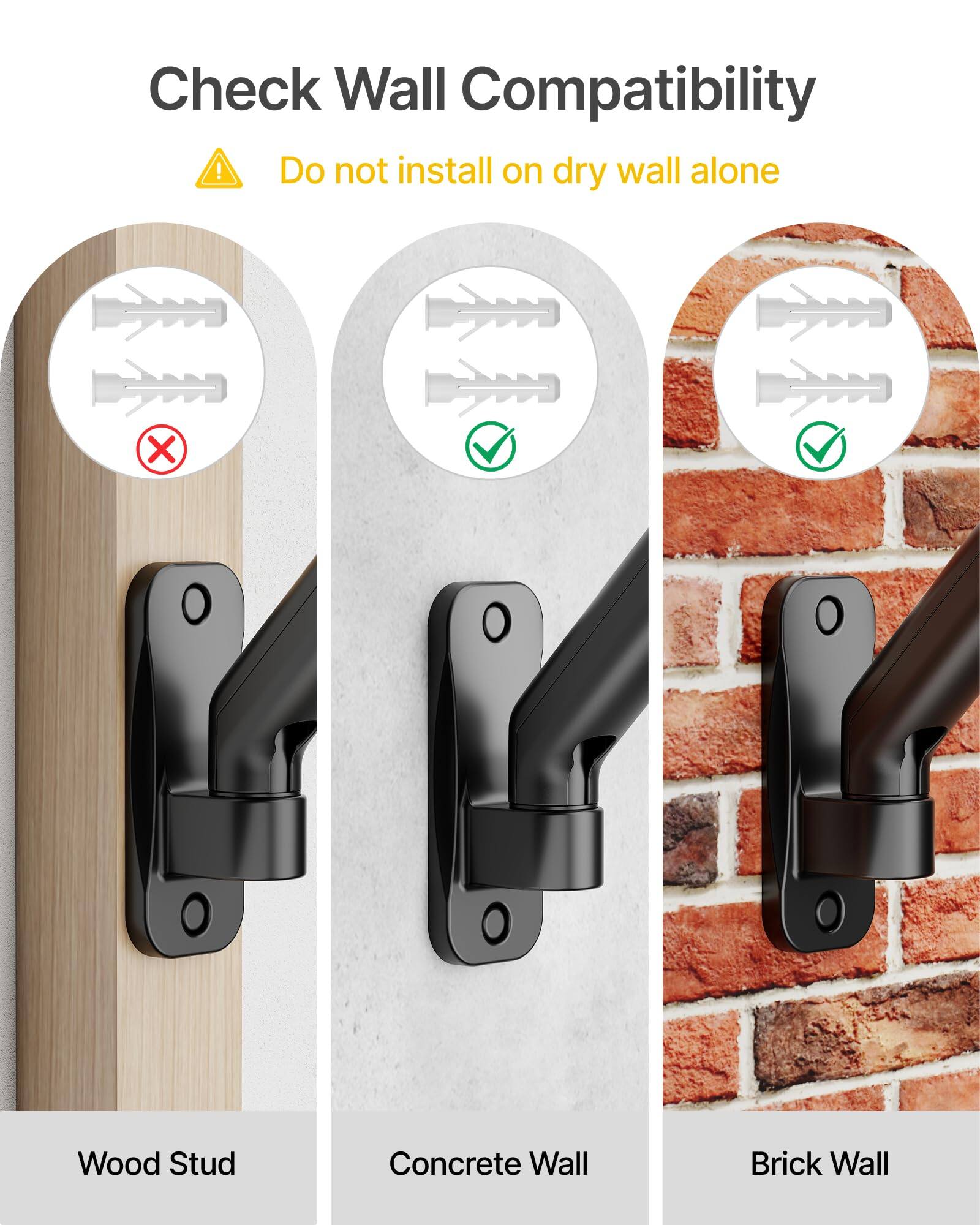 Check Wall Compatibility

Do not install on dry wall alone

Wood Stud

Concrete Wall

Brick Wall