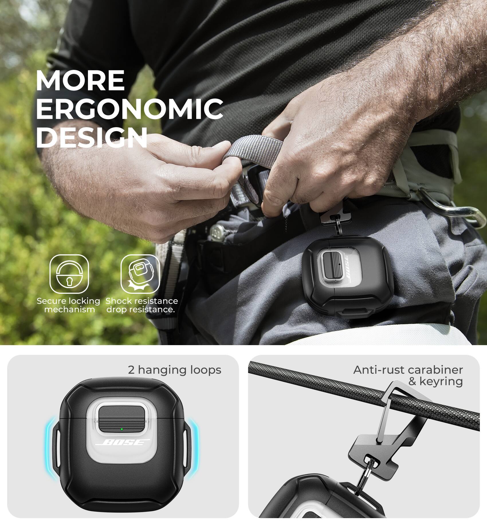 MORE ERGONOMIC DESIGN

- Secure locking mechanism
- Shock resistance drop resistance
- 2 hanging loops
- Anti-rust carabiner & keyring