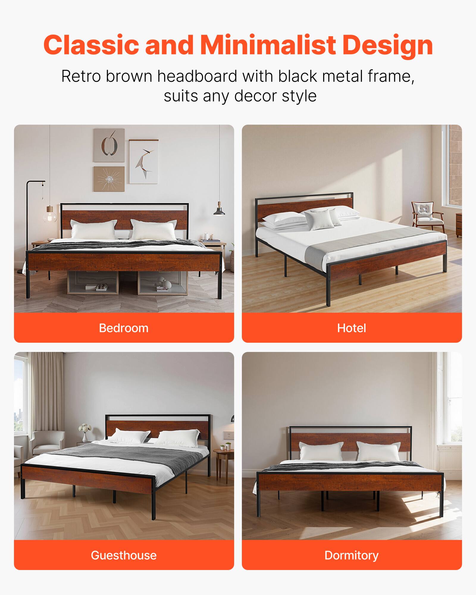 Classic and Minimalist Design

Retro brown headboard with black metal frame, suits any decor style

- Bedroom
- Hotel
- Guesthouse
- Dormitory