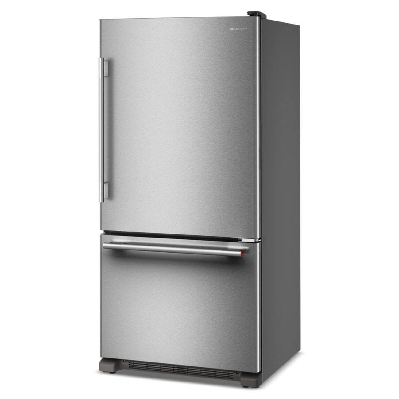 Left. KitchenAid - 22 Cu. Ft. 33-Inch Standard-Depth Bottom Mount Refrigerator with Right Door Swing - PrintShield Stainless.