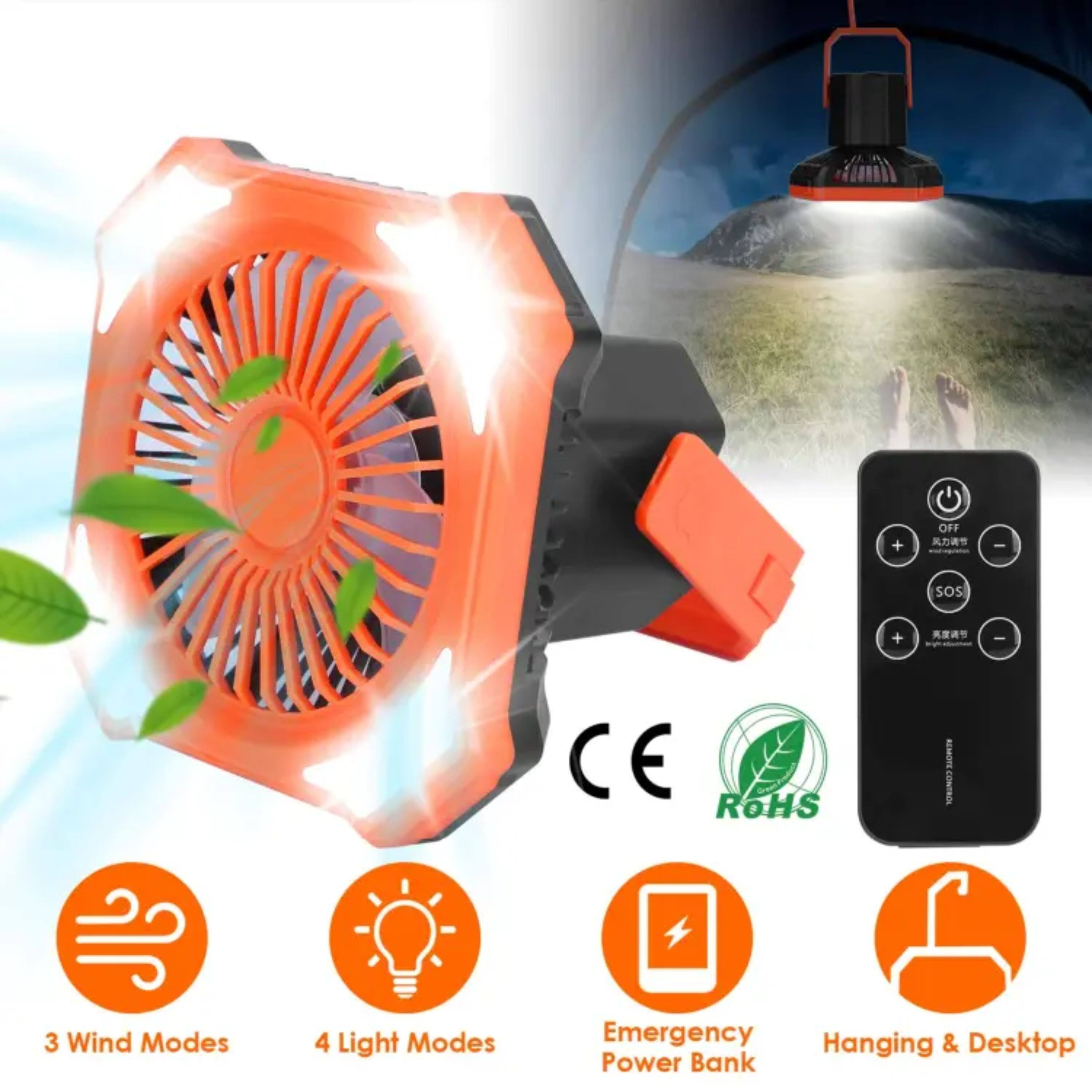 - OFF
- SOS
- CE
- ROHS
- 10W
- 3 Wind Modes
- 4 Light Modes
- Emergency Power Bank
- Hanging & Desktop