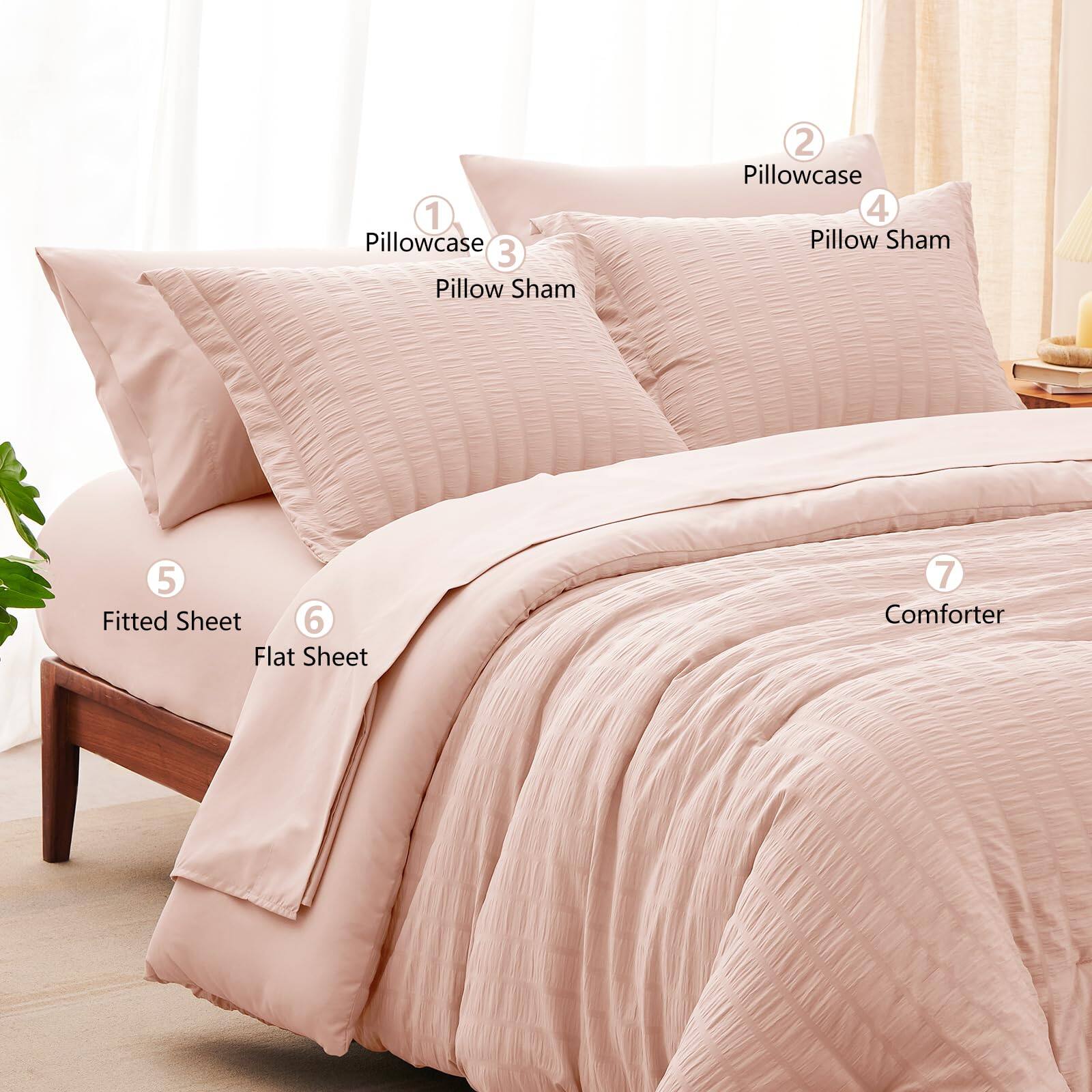 1. Pillowcase
2. Pillowcase
3. Pillow Sham
4. Pillow Sham
5. Fitted Sheet
6. Flat Sheet
7. Comforter