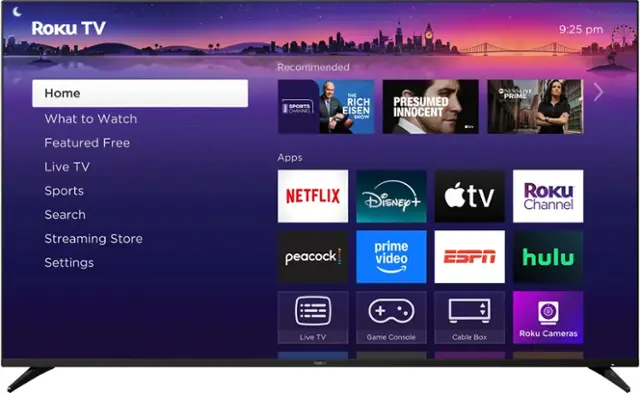 Roku TV 9:25 pm Recommended Home What to Watch Sports Channel The Rich Eisen Show Presumed Innocent Netflix Disney+ Hulu + Live TV Prime Video Roku Channel Streaming Store Settings Peacock Prime Video ESPN Hulu + Live TV Game Console Cable Box Roku Cameras