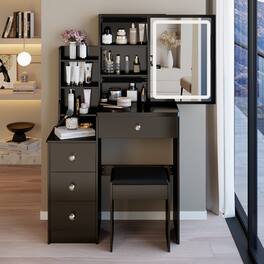 Loheer - Small Space Makeup Vanity Table with Stool, MDF, LED Mirror and Storage - Black