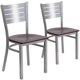 Emma + Oliver - 2 Pack Silver Slat Back Metal Restaurant Chair - Mahogany Wood Seat/Silver Frame