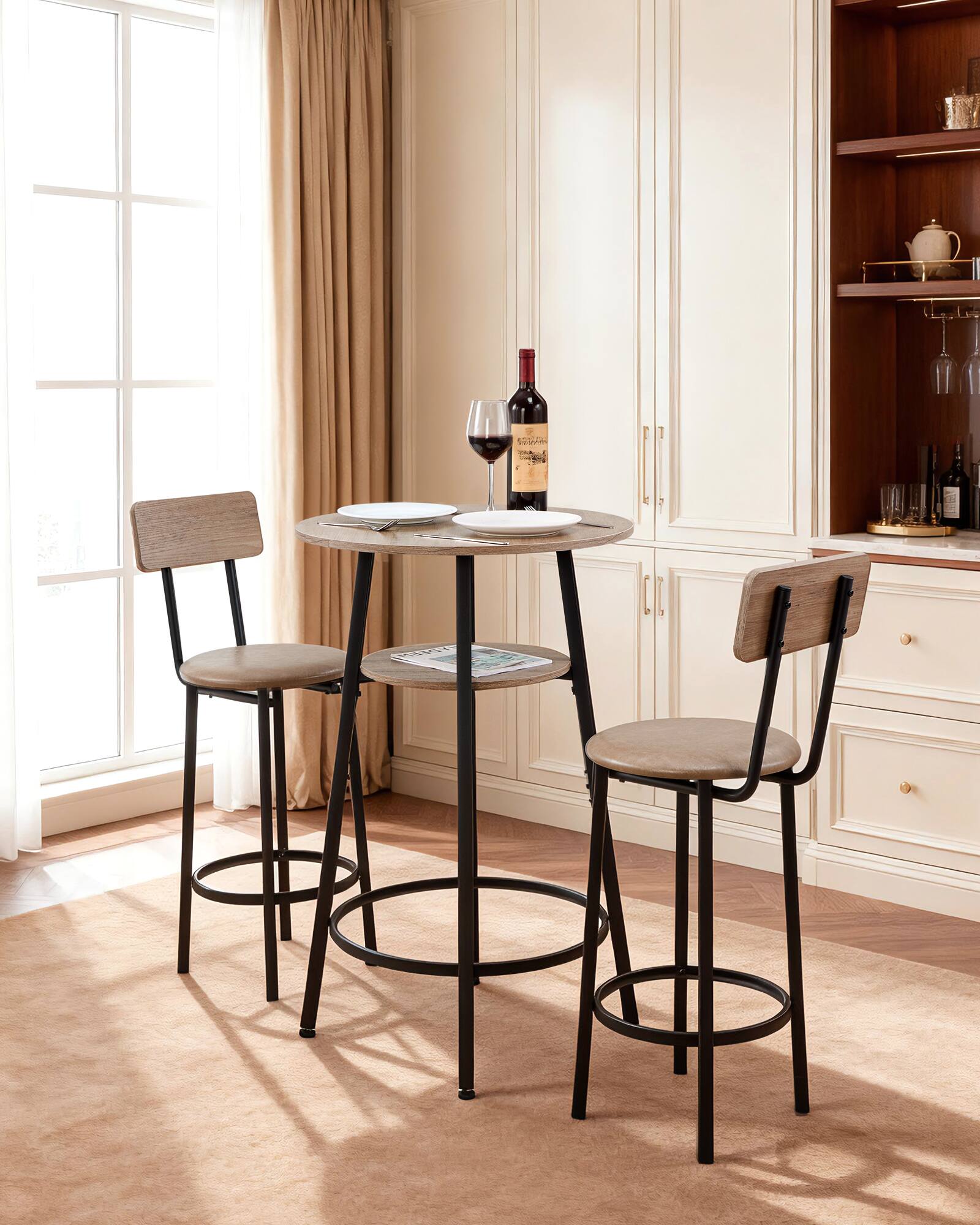 Angle. VEVOR - Bar Table, 3PCS 23.5″ Bars Tables Set, Bar Tables and Chair Set with Rounded Corner Design, Round Pub Table - Light wood color + black.