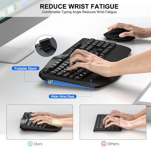 REDUCE WRIST FATIGUE  
Comfortable Typing Angle Reduces Wrist Fatigue  
Foldable Stand  
12° Wide Wrist Rest  
Ours  
Others
