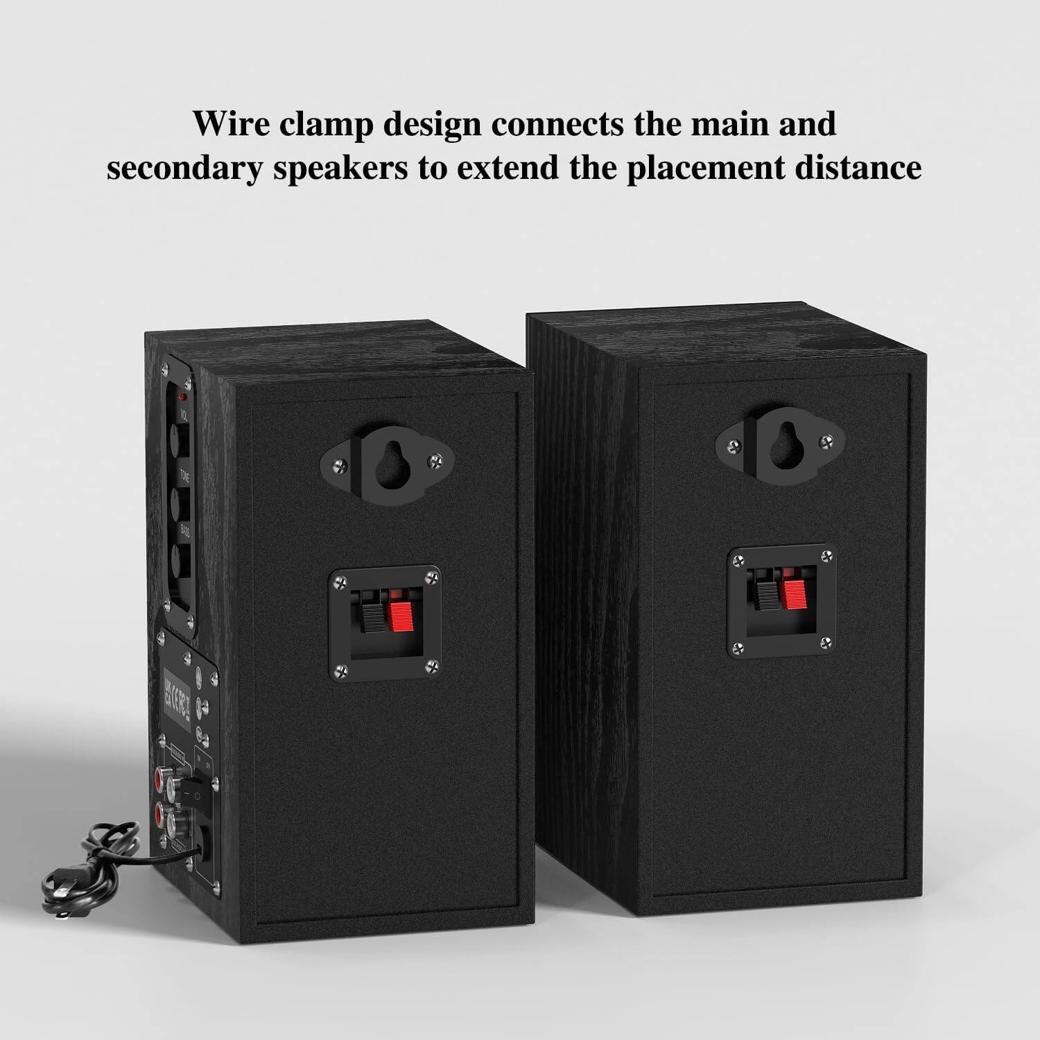 Wire clamp design connects the main and secondary speakers to extend the placement distance.