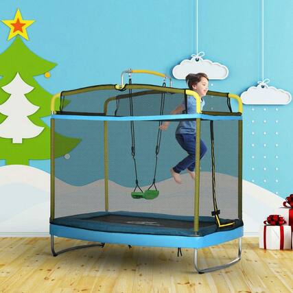 Front. Resenkos - 5.3-Foot Children's Trampoline with Protective Enclosure Net - Black - Blue.