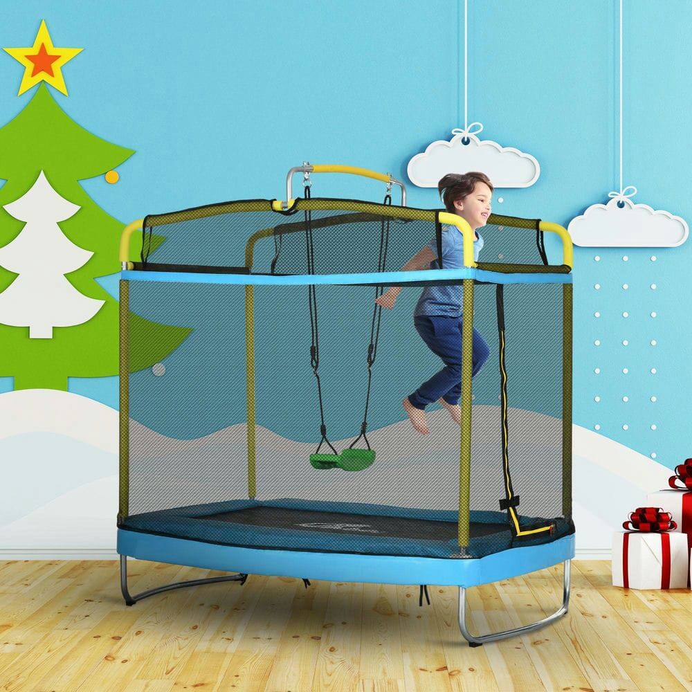 Front. Resenkos - 5.3-Foot Children's Trampoline with Protective Enclosure Net - Black - Blue.