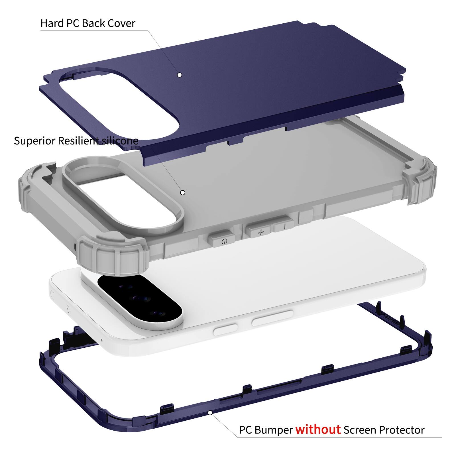Hard PC Back Cover  
Superior Resilient Silicone  
PC Bumper without Screen Protector