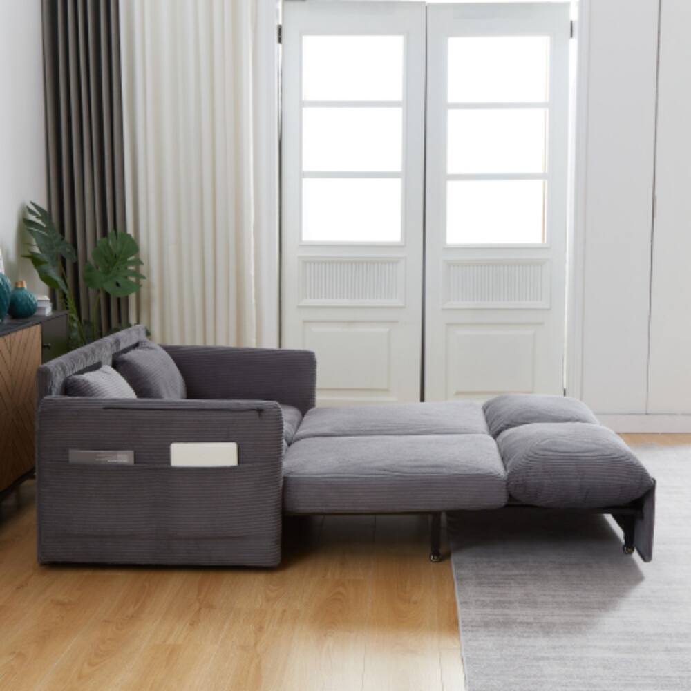 Back. LUCKY ONE - 64.5 Inch 3-in-1 Adjustable Corduroy Sleeper Sofa Bed with Pullout Bed, 2 Pillows, Side Pockets, Recliner Function - Grey.
