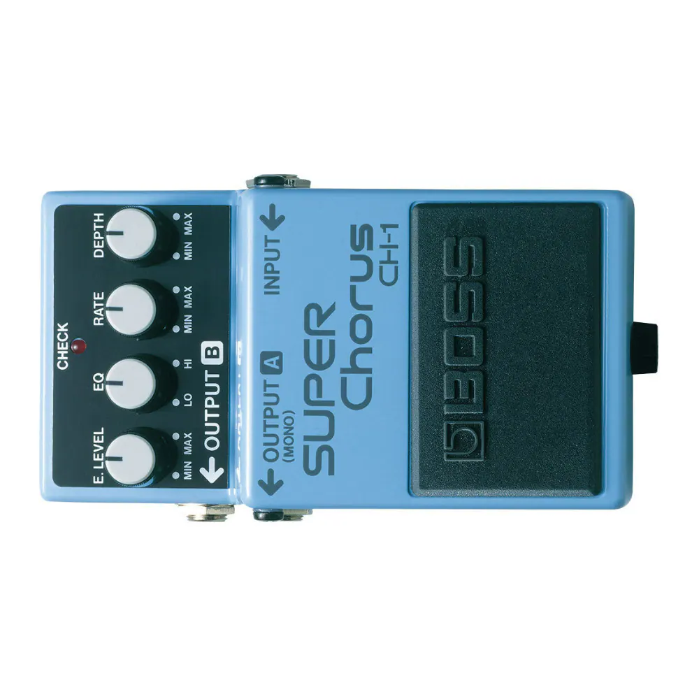 CHECK  
DEPTH RATE EQ LEVEL  
E. MAX MIN MAX MIN HI LO MAX MIN  
B OUTPUT INPUT  
CH-1 A SUPER Chorus OUTPUT (MONO)  
UBOSS  
SUPER Chorus  
CH-1  
INPUT  
OUTPUT A (MONO)  
OUTPUT B