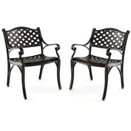 Costway - 2 PCS Cast Aluminum Patio Chairs Set of 2 All Weather Outdoor Dining Chairs with Armrests - Bronze