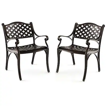 Front. Costway - 2 PCS Cast Aluminum Patio Chairs Set of 2 All Weather Outdoor Dining Chairs with Armrests - Bronze.