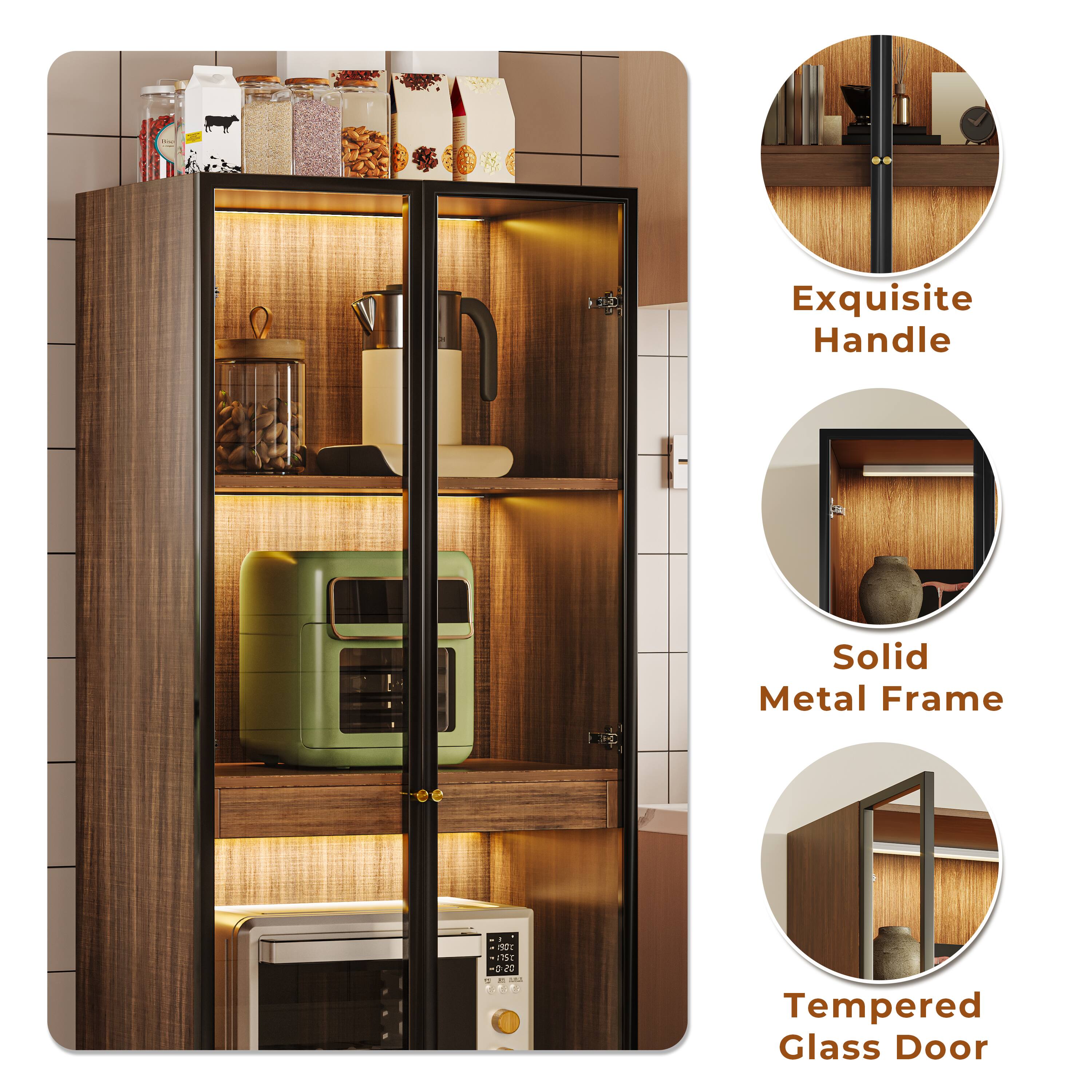 Exquisite Handle  
Solid Metal Frame  
Tempered Glass Door