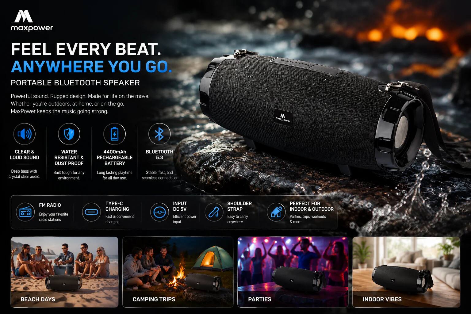 maxpower FEEL EVERY BEAT. ANYWHERE YOU GO. PORTABLE BLUETOOTH SPEAKER

24 Powerful sound. Rugged design. Made for life on the move. Whether you're outdoors, at home, or on the go, MaxPower keeps the music going strong.

CLEAR & LOUD SOUND
WATER RESISTANT & DUST PROOF
4400mAh RECHARGEABLE BATTERY
5.3 BLUETOOTH
FM RADIO
TYPE-C CHARGING
INPUT DC 5V
SHOULDER STRAP

Deep bass with crystal clear audio. Built tough for any environment. Long lasting playtime for all day use. Stable, fast, and seamless connection. Enjoy your favorite radio stations. Fast & convenient charging. Efficient power input. Easy to carry anywhere.

PERFECT FOR INDOOR & OUTDOOR
Parties, trips, workouts & more

BEACH DAYS
CAMPING TRIPS
PARTIES
INDOOR VIBES