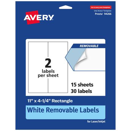 Go to avery.com/templates
AVERY
Use Avery Template Presta* 94266
2 labels per sheet
15 sheets
30 labels
11" x 4-1/4" Rectangle
White Removable Labels for Laser/Inkjet