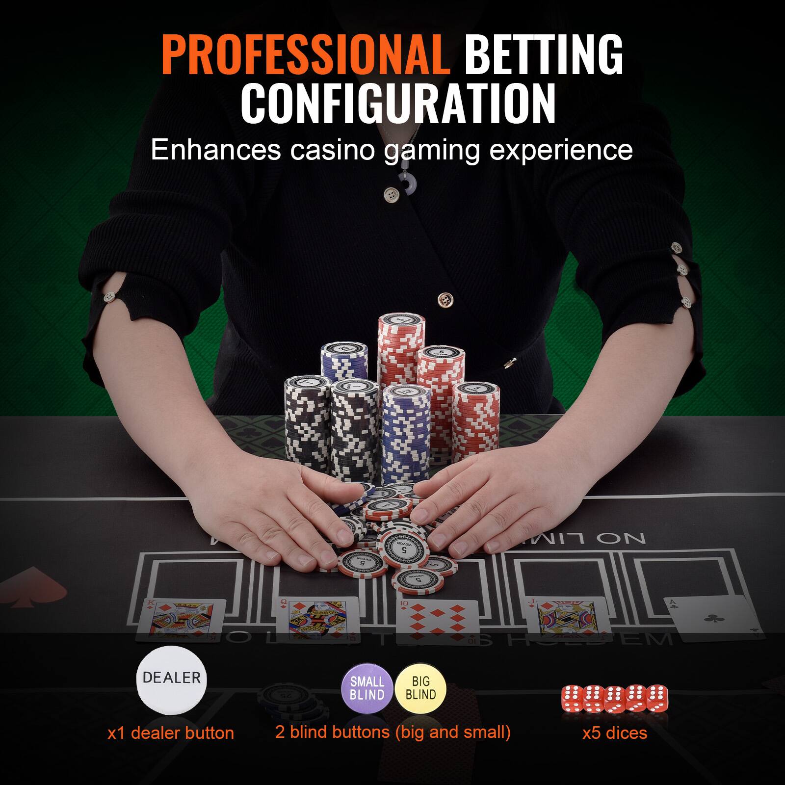 PROFESSIONAL BETTING CONFIGURATION Enhances casino gaming experience

DEALER
x1 dealer button

SMALL BLIND
2 blind buttons (big and small)

BIG BLIND
x5 dices