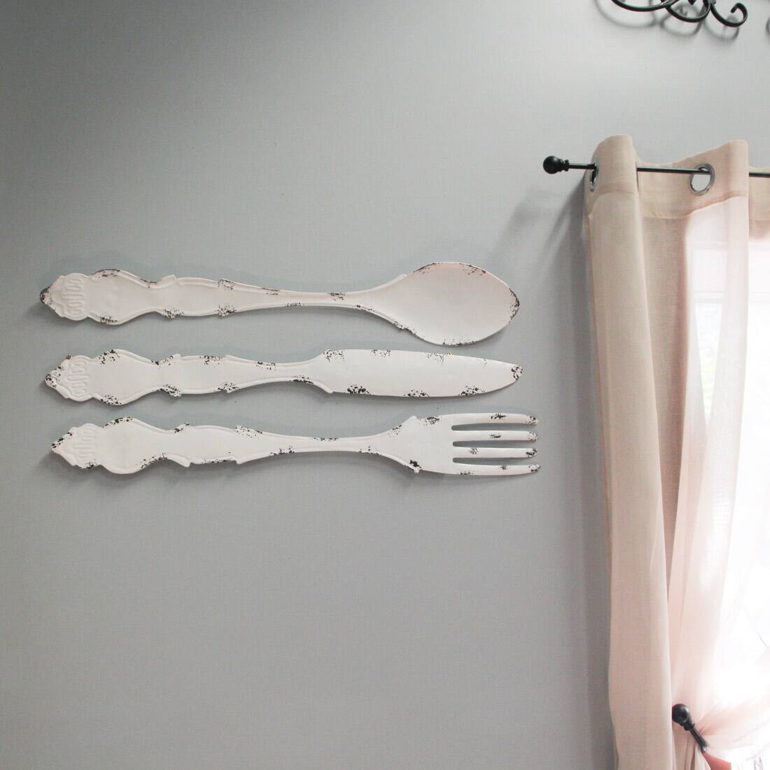 Alt View 5. Zeckos - 30 In Large Utensil Wall Art Decorative Knife Spoon Fork Farmhouse Kitchen Decor - White.