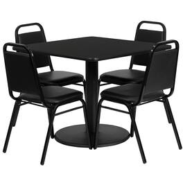 Emma + Oliver - 36" Square Laminate Table Set with 4 Trapezoidal Banquet Chairs - Black Top/Black Vinyl Seat